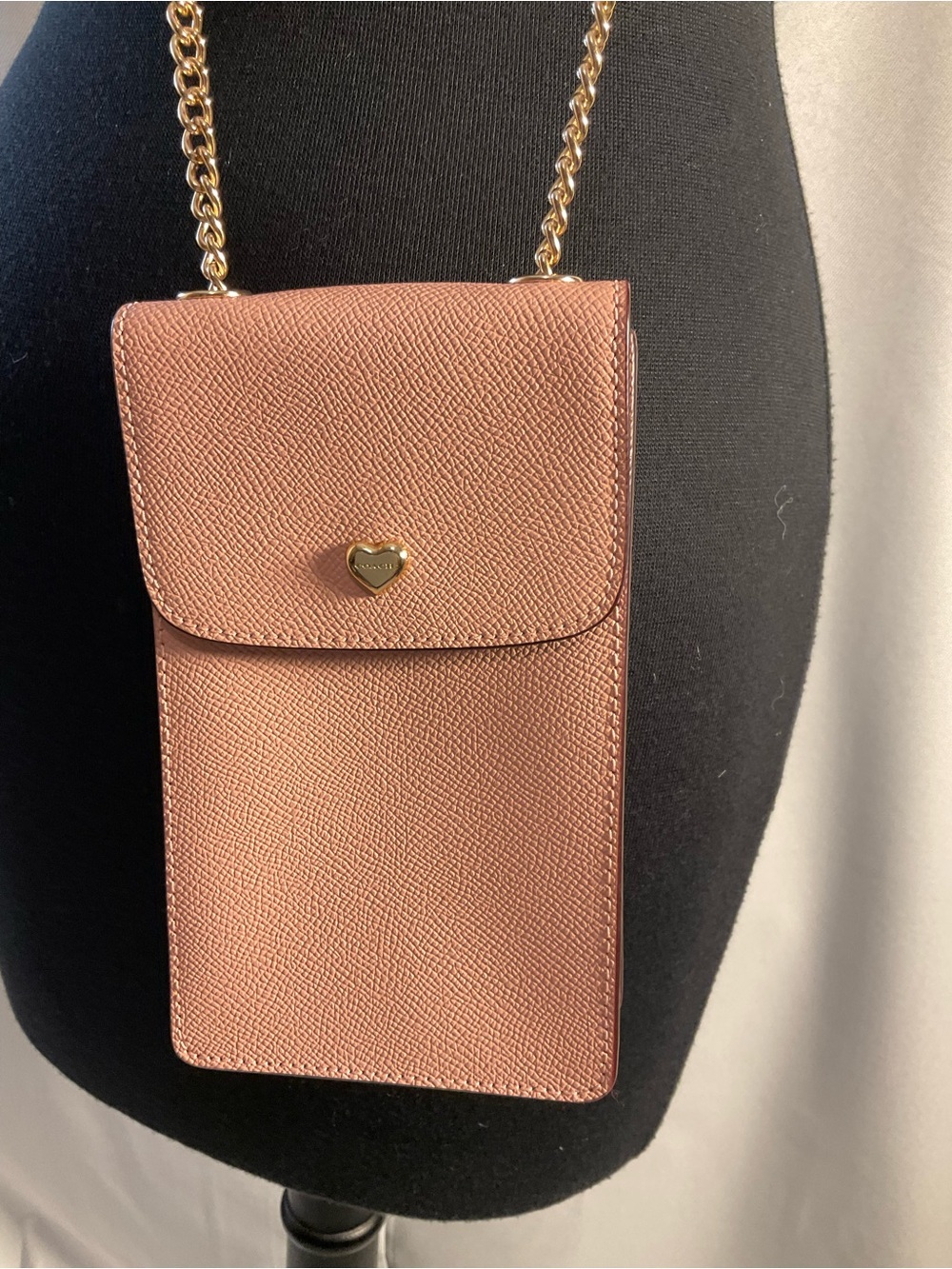 Coach Pink Crossbody Phone Bag with Gold Chain & Heart